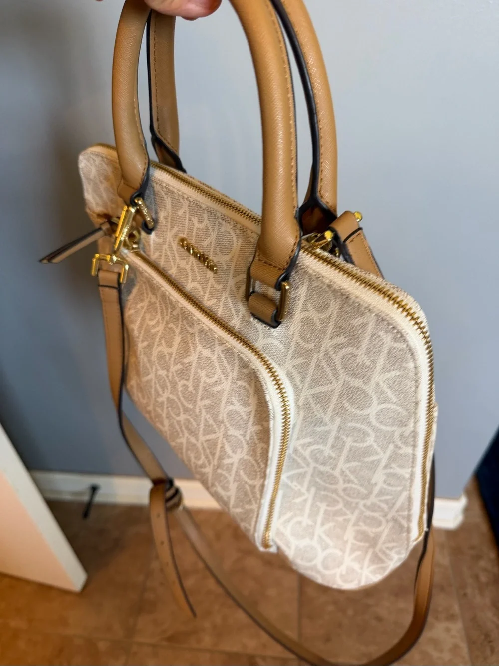 Calvin Klein Cream Logo Satchel with Brown Trim and Gold Hardware